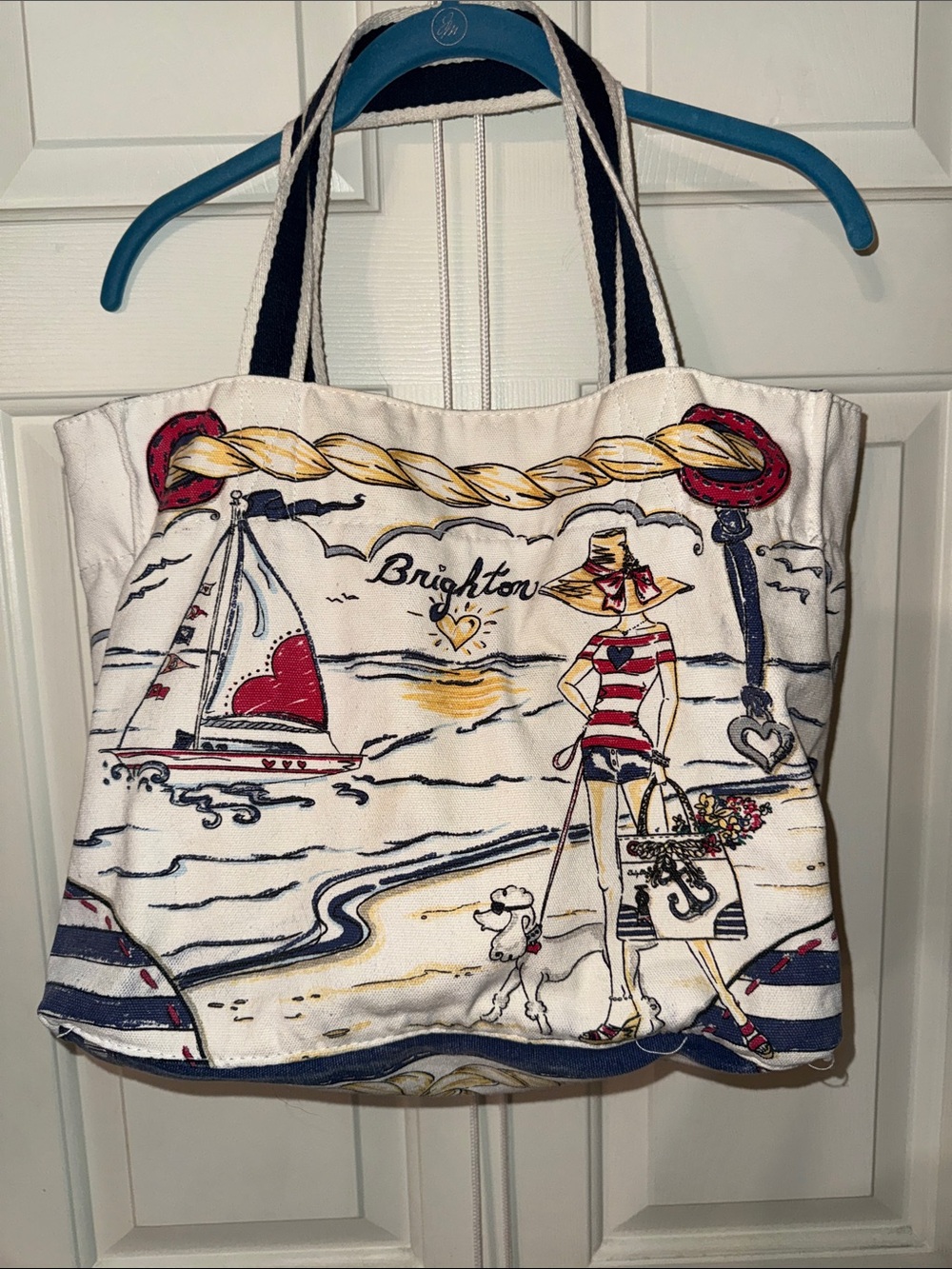 Brighton Nautical White Canvas Tote with Red and Navy Nautical Accents